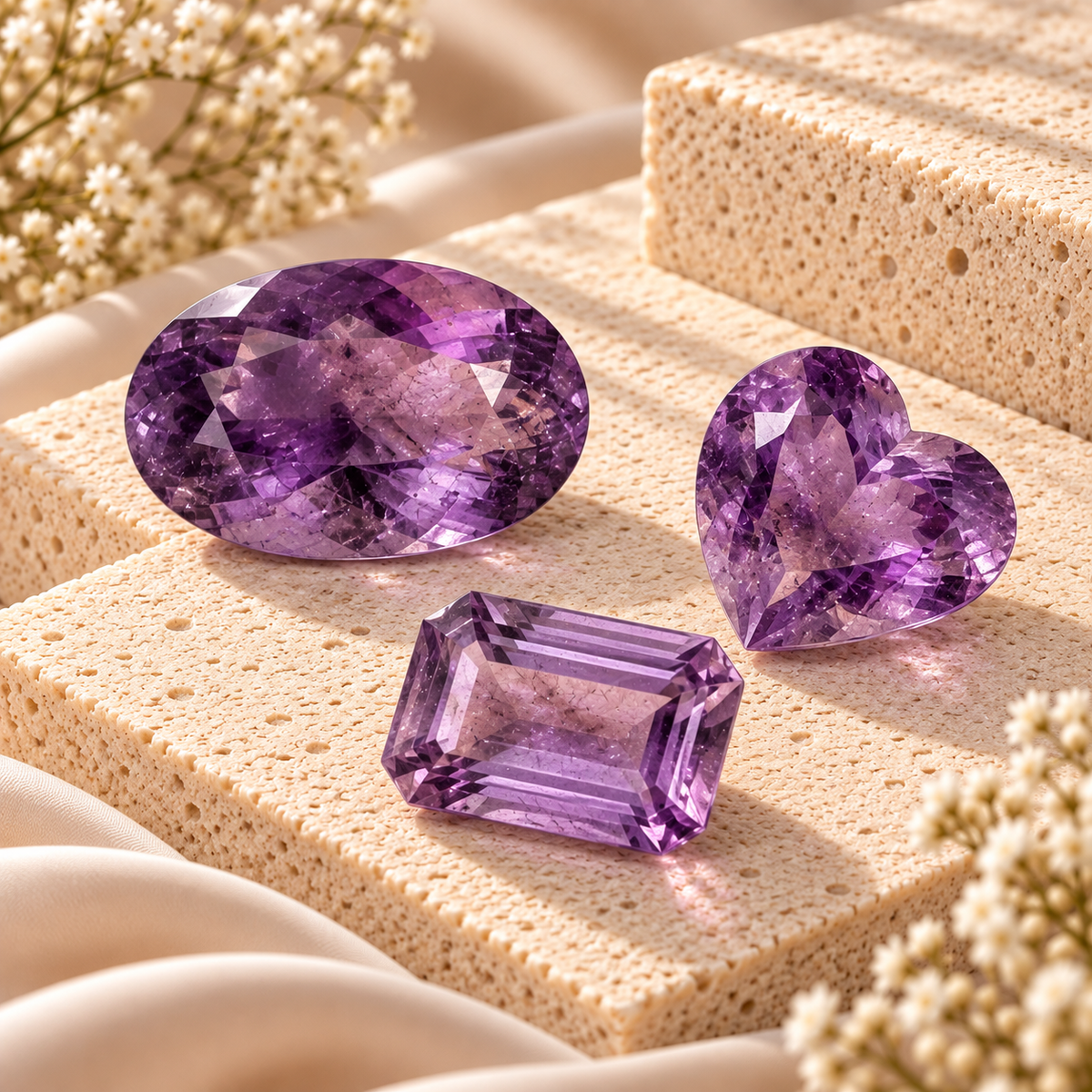 Natural amethyst gemstones in oval, heart and emerald cuts displayed on cream stone with soft floral accents.