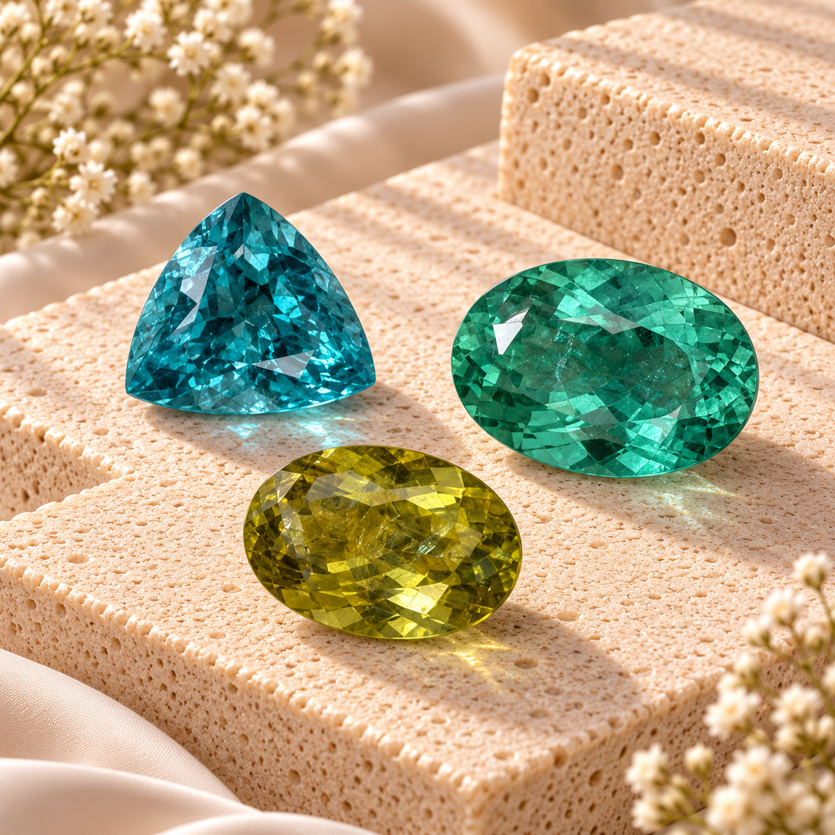 Natural apatite gemstones in blue, green and yellow tones with trillion and oval cuts displayed on cream stone.
