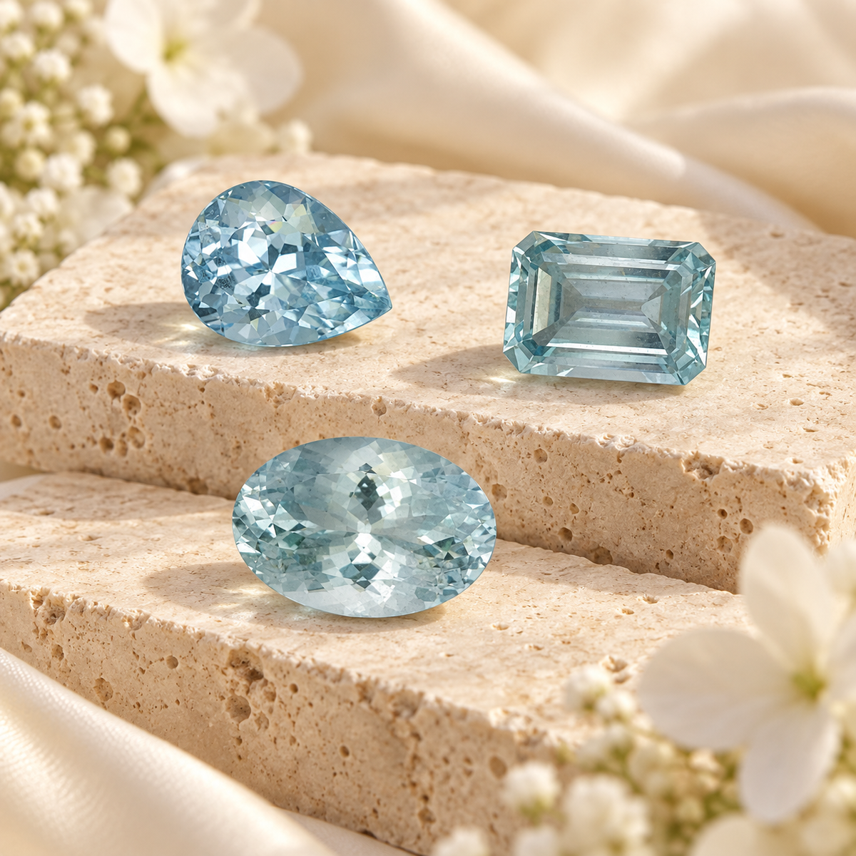 Natural aquamarine gemstones in pear, oval and emerald cuts displayed on cream stone with soft floral accents.