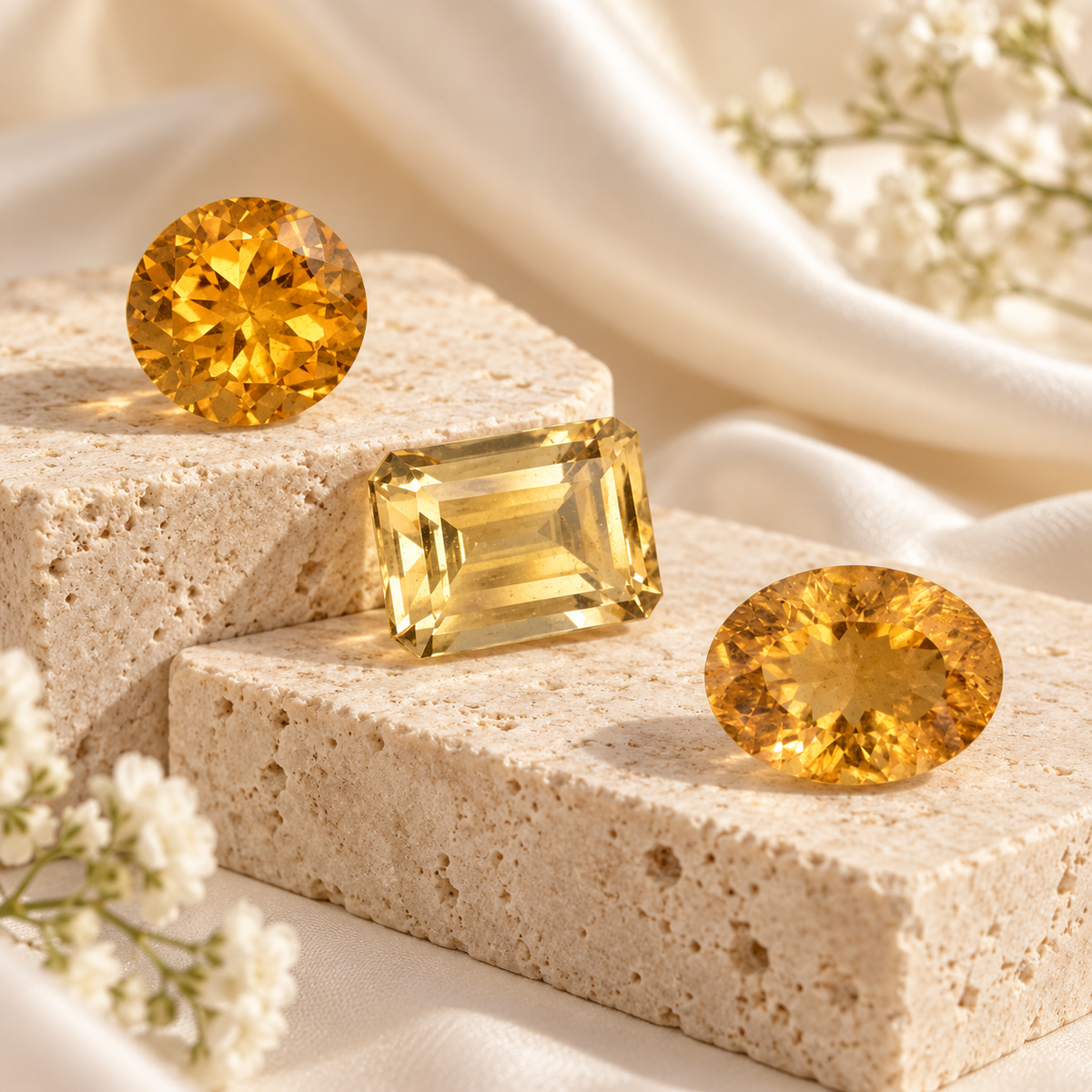 Natural citrine gemstones in round, oval and emerald cuts displayed on cream stone with soft floral accents.