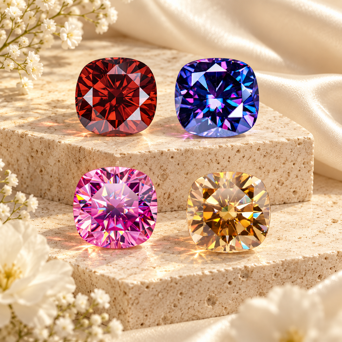 Cushion cut coloured moissanite gemstones in red, blue, pink and champagne tones displayed on cream stone with soft floral accents.