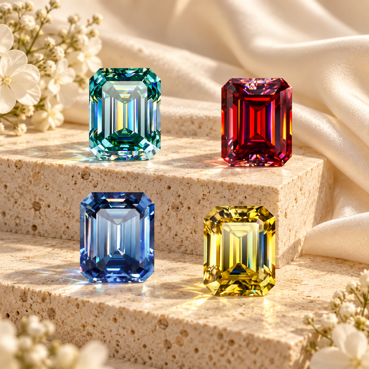 Emerald cut coloured moissanite gemstones in blue-green, red, blue and yellow displayed on cream stone with soft floral accents.