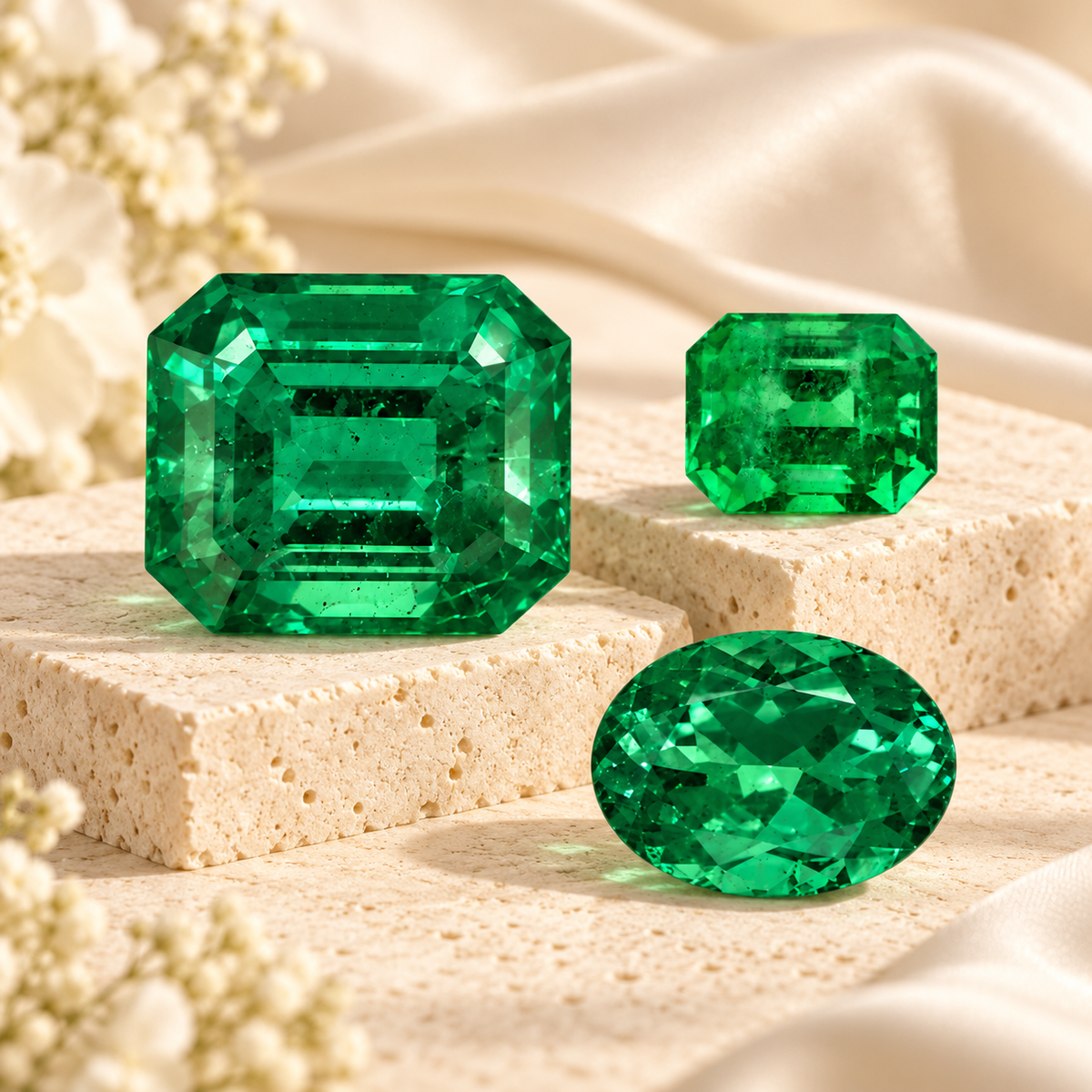 Natural emerald gemstones in oval, emerald and octagonal cuts displayed on cream stone with soft floral accents.