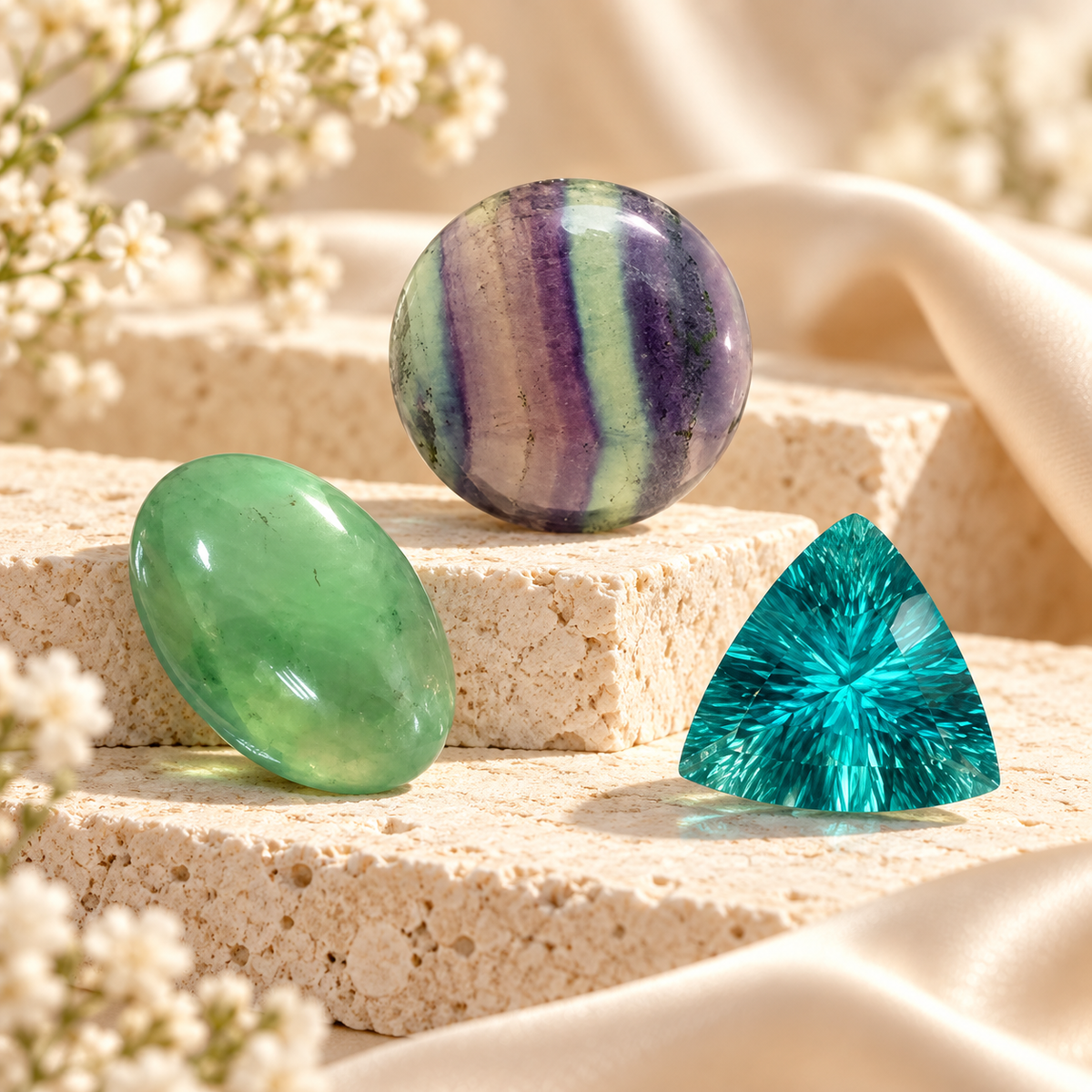 Natural fluorite gemstones including green polished, rainbow banded and teal trillion-cut stones displayed on cream stone.