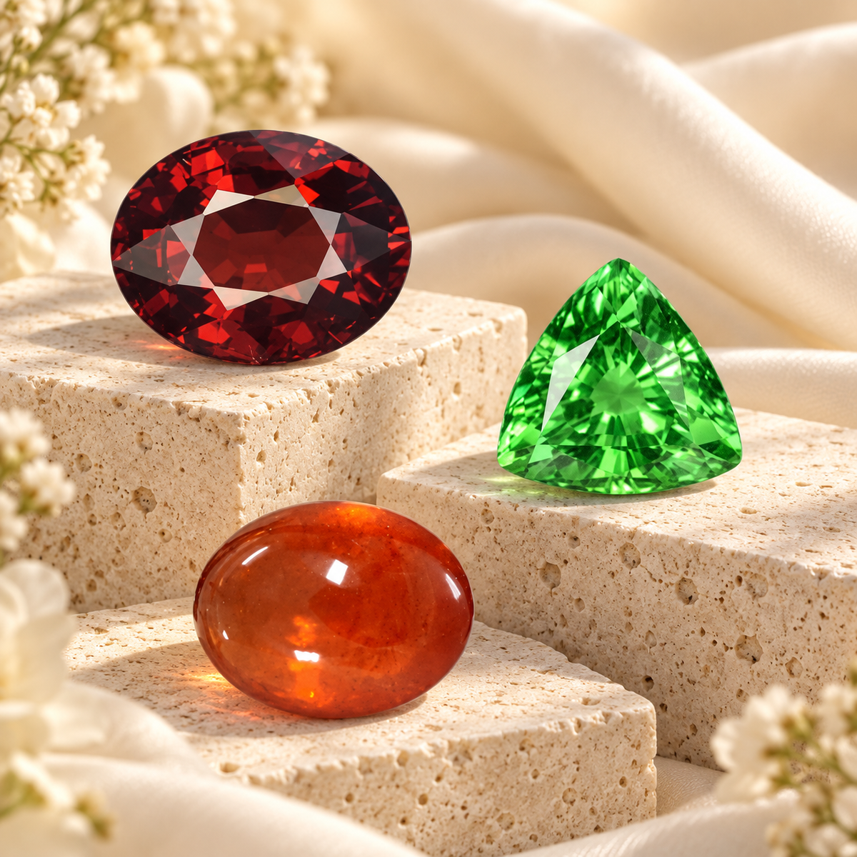 Natural garnet gemstones in red, green and orange tones displayed on cream stone with soft floral accents.