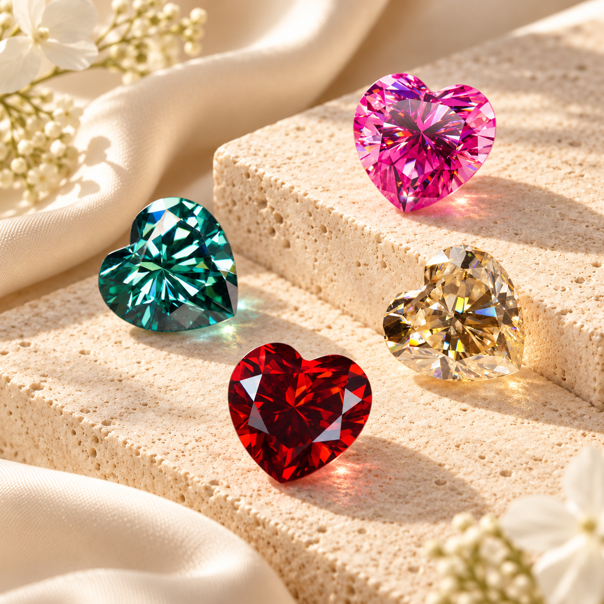 Heart cut coloured moissanite gemstones in green, pink, red and champagne tones displayed on cream stone with soft floral accents.