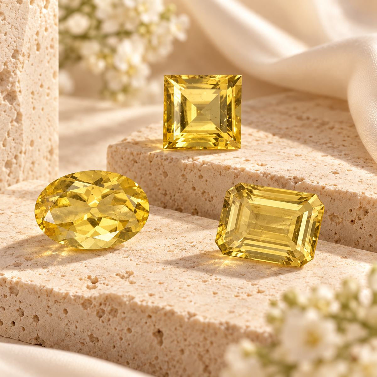 Natural heliodor gemstones in golden yellow tones with oval, square and emerald cuts displayed on cream stone.