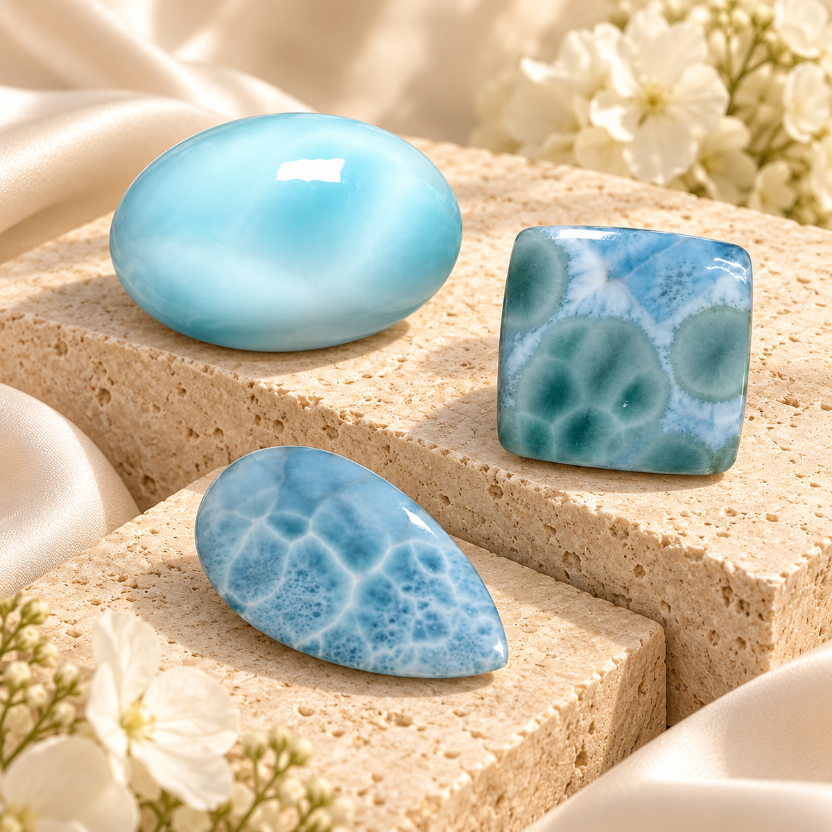 Natural larimar gemstones in polished oval, square and freeform shapes displayed on cream stone with soft floral accents.