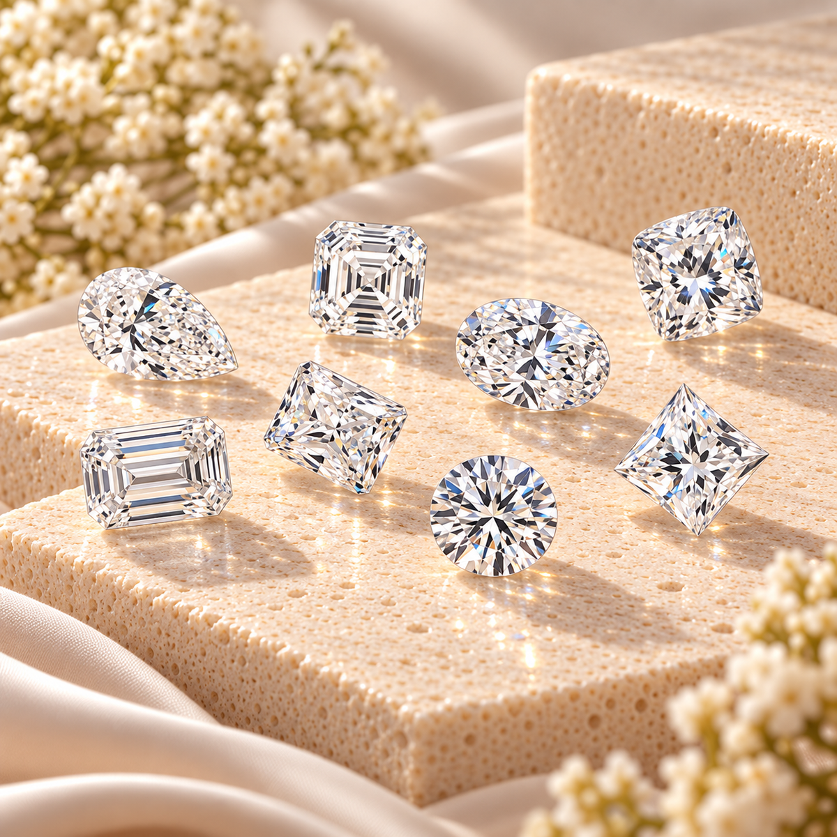 Loose moissanite gemstones in round, oval, pear, emerald, cushion, princess and radiant cuts displayed on cream stone.