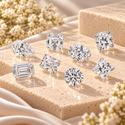 Loose moissanite gemstones in round, oval, pear, emerald, cushion, princess and radiant cuts displayed on cream stone.