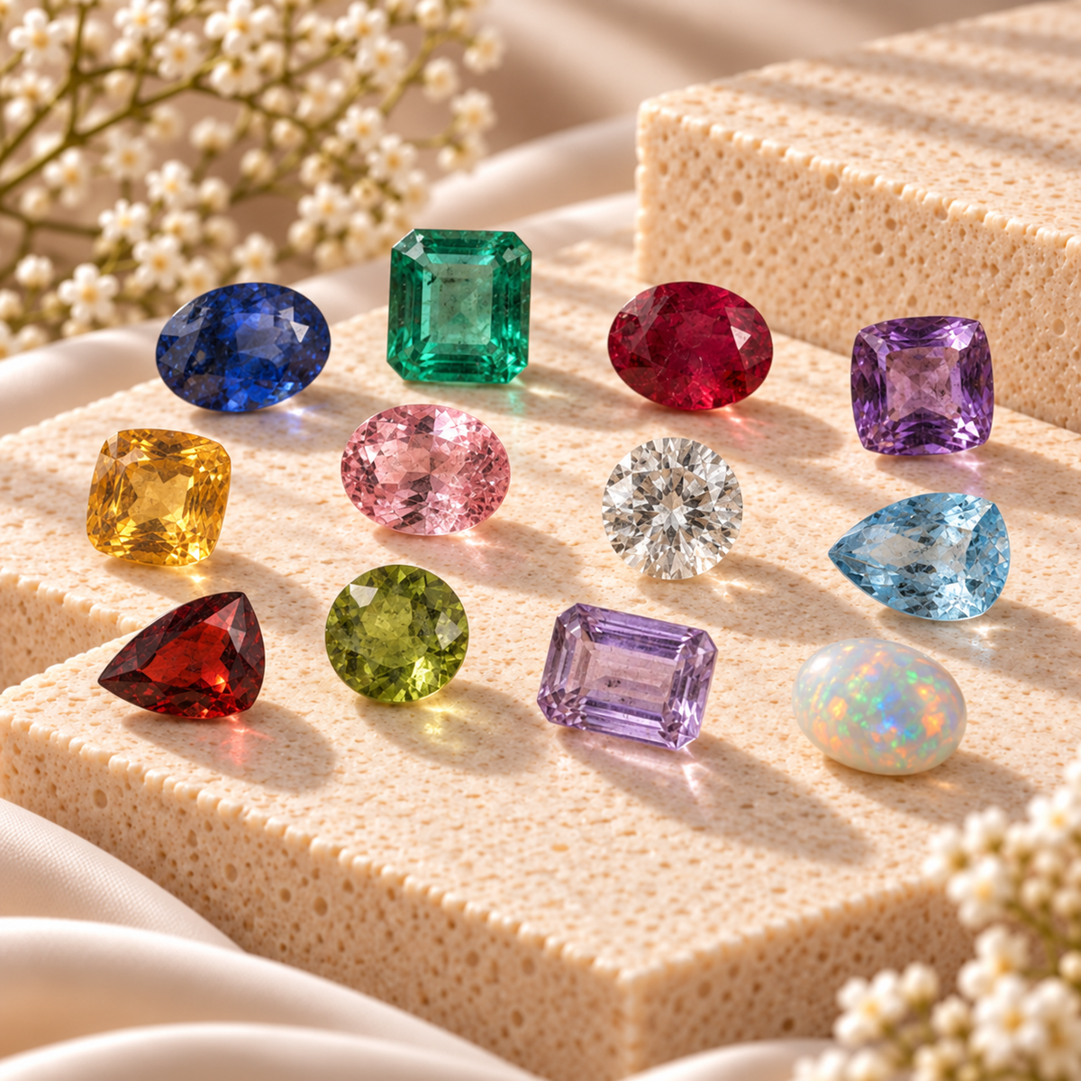 Loose natural gemstones in blue, green, red, pink, purple, yellow and clear tones displayed in a variety of cuts on cream stone.