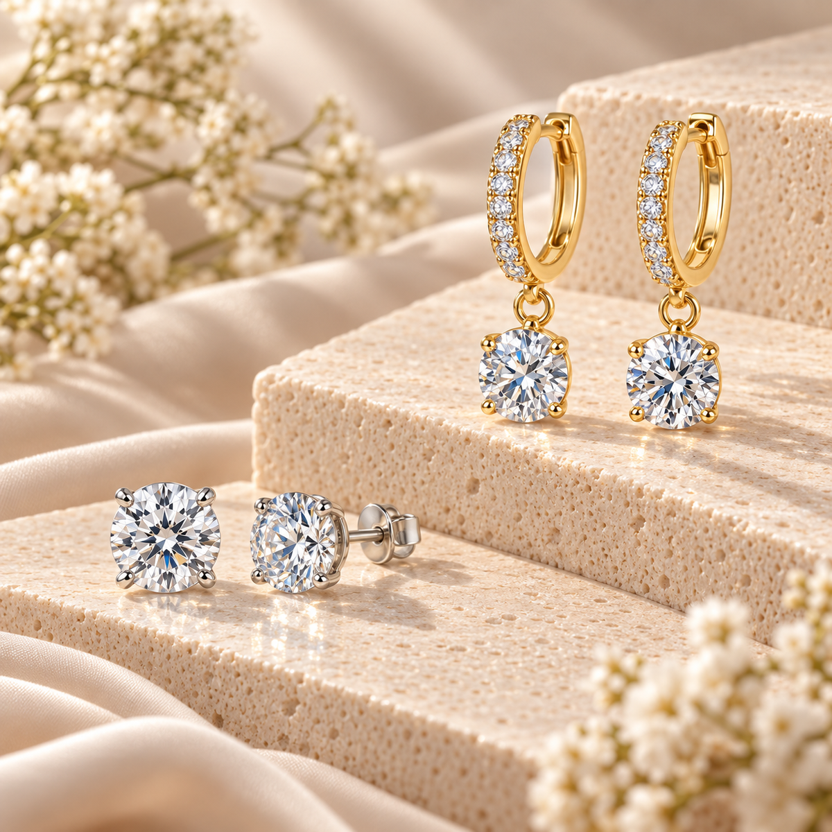 Silver moissanite stud earrings and yellow gold moissanite hoop drop earrings displayed on cream stone with soft floral accents.
