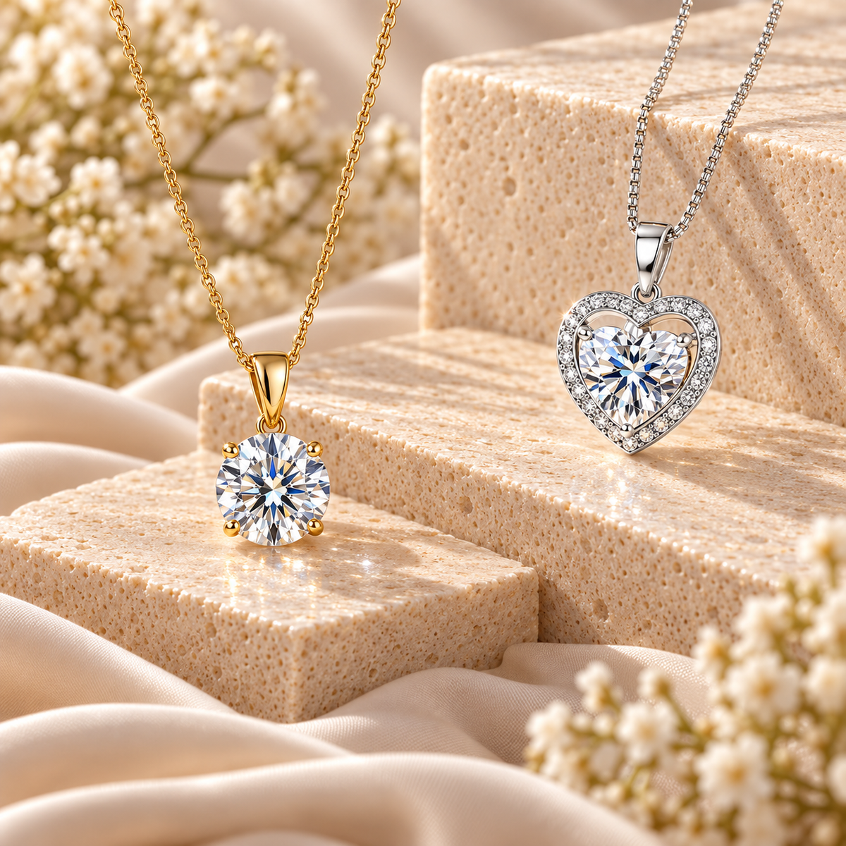 Yellow gold and silver moissanite pendant necklaces displayed on cream stone with soft floral accents.