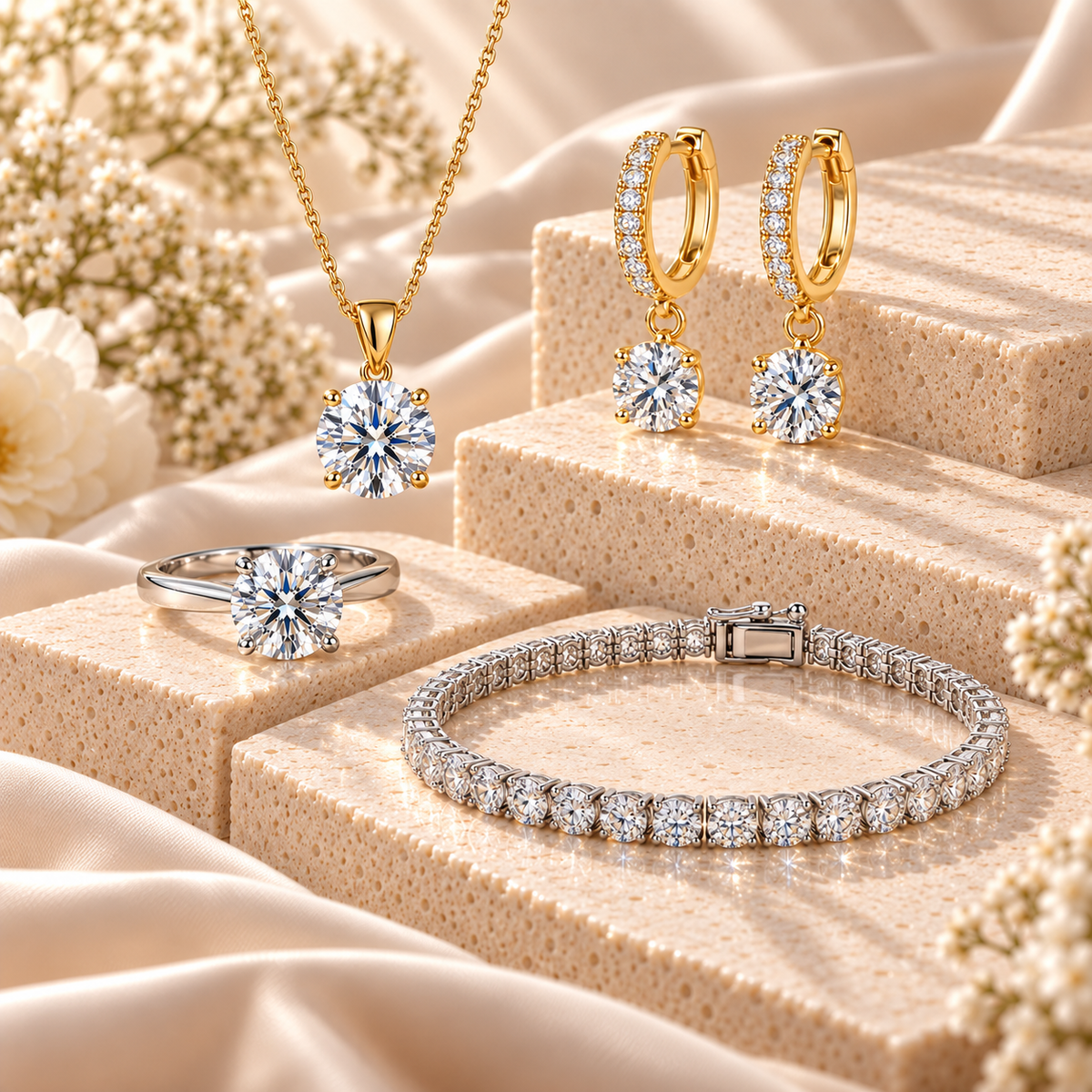 Moissanite jewellery collection featuring a ring, earrings, necklace and bracelet displayed on cream stone with soft floral accents.