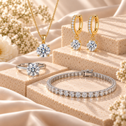 Moissanite jewellery collection featuring a ring, earrings, necklace and bracelet displayed on cream stone with soft floral accents.