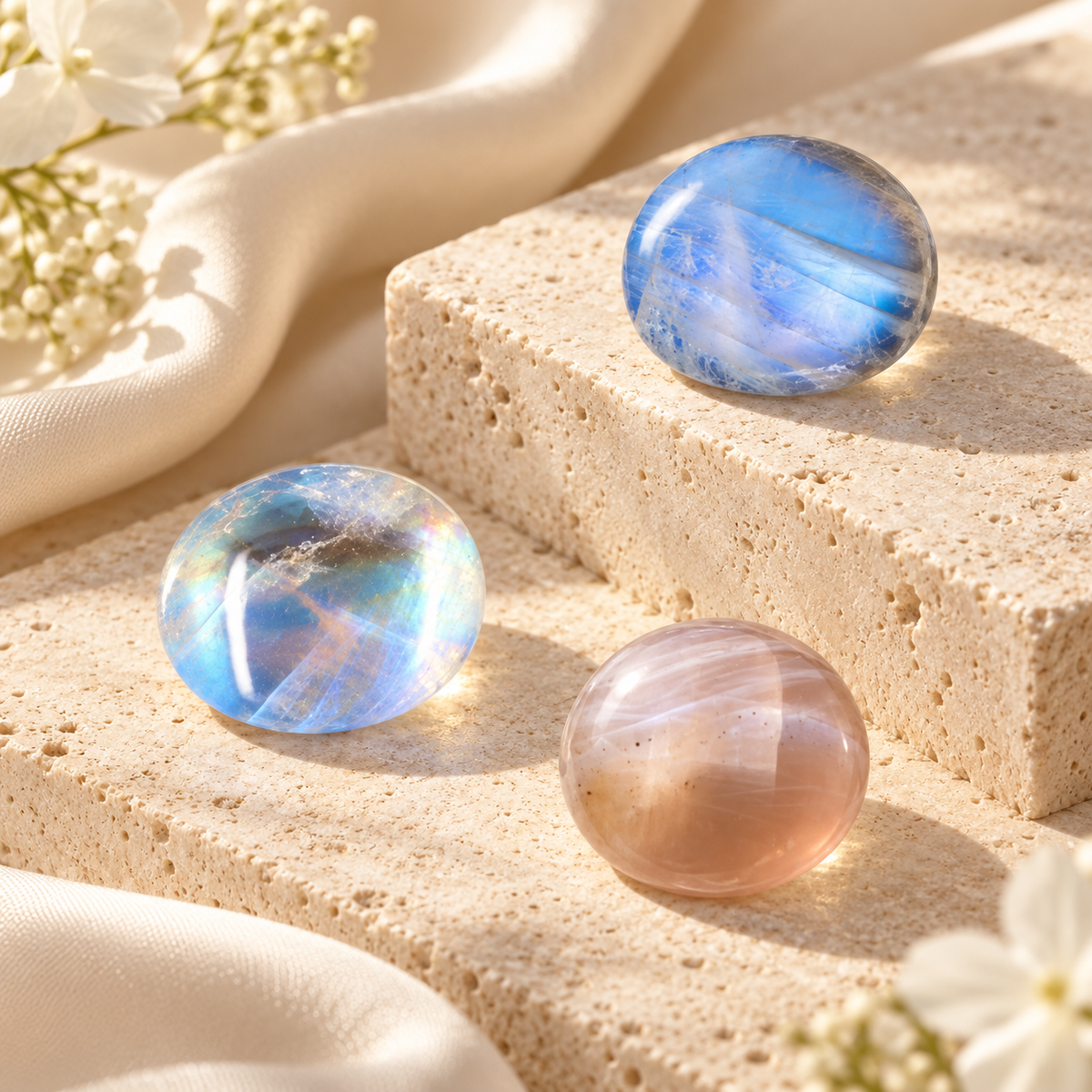 Natural moonstone gemstones in blue, rainbow and peach tones displayed on cream stone with soft floral accents.