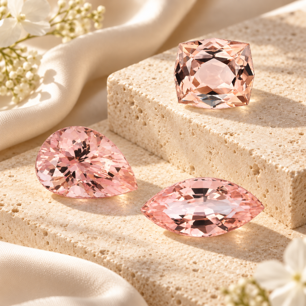 Natural morganite gemstones in cushion, pear and marquise cuts displayed on cream stone with soft floral accents.