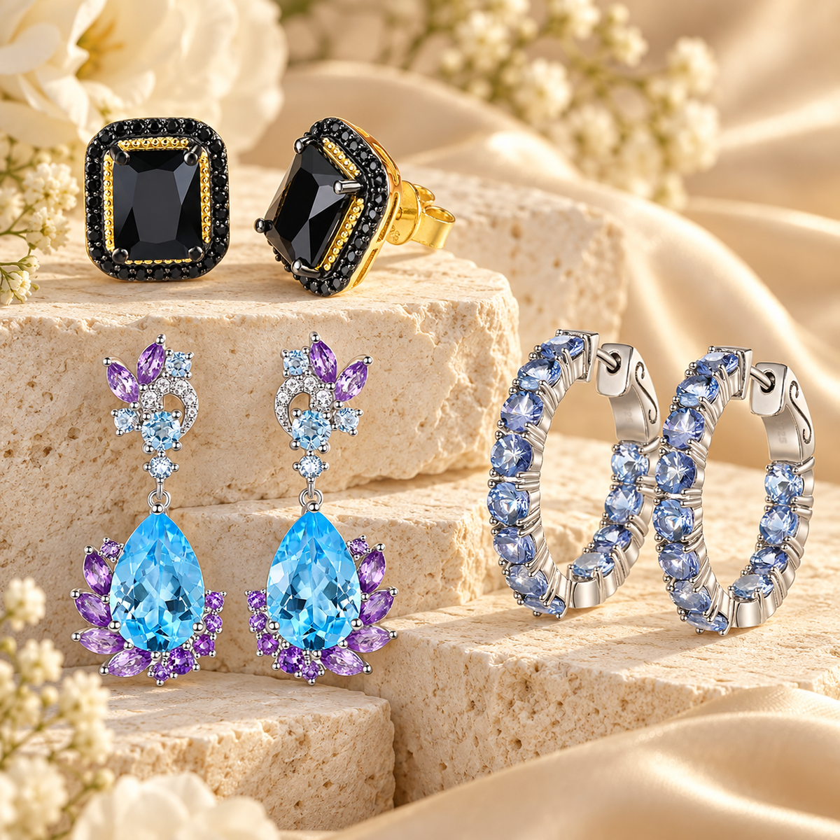 Natural gemstone earrings featuring black rectangular studs, blue and purple drop earrings and pale blue gemstone hoops displayed on cream stone.