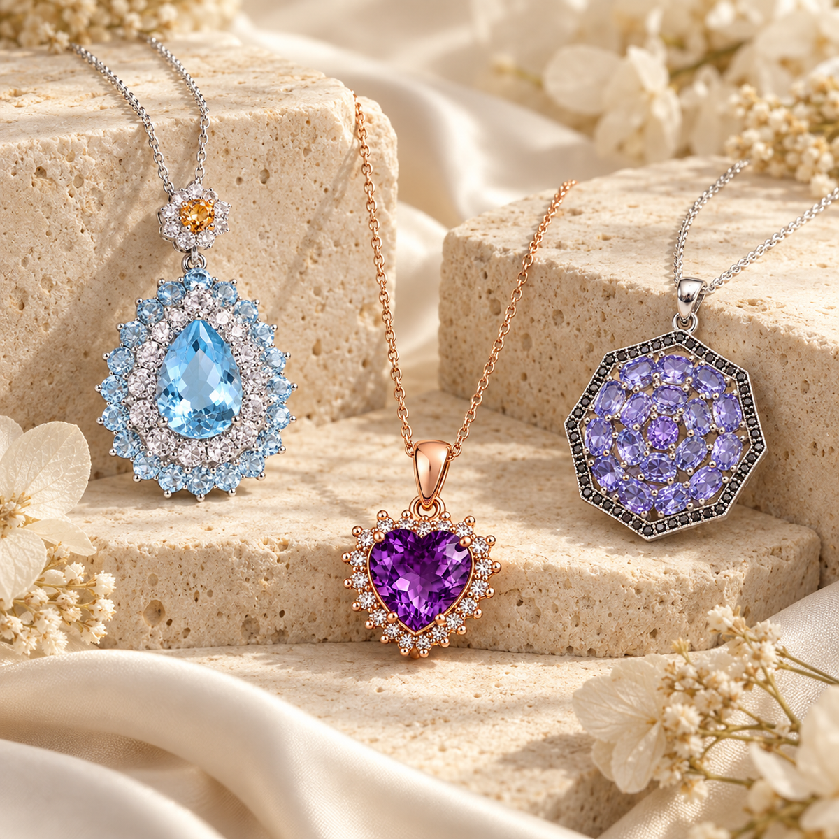Natural gemstone necklaces featuring a blue teardrop pendant, a purple heart pendant with a rose gold chain, and a purple hexagon pendant displayed on cream stone.