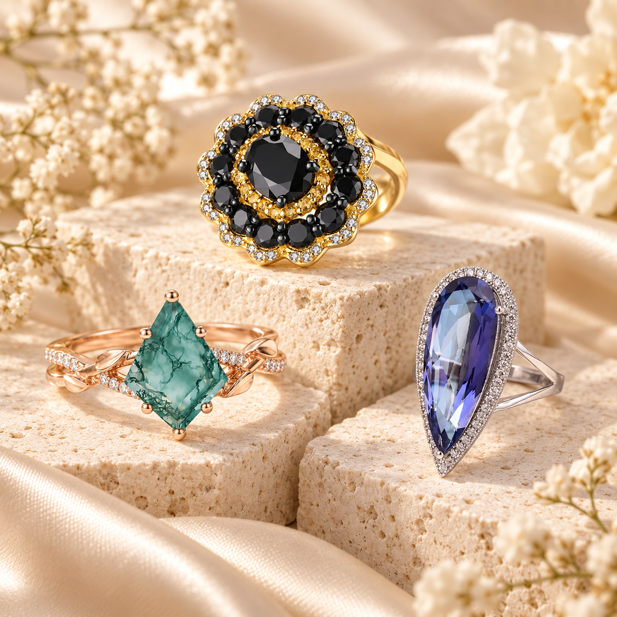 Natural gemstone rings featuring a black floral cluster ring, green pear-shaped ring and elongated blue gemstone ring displayed on cream stone.