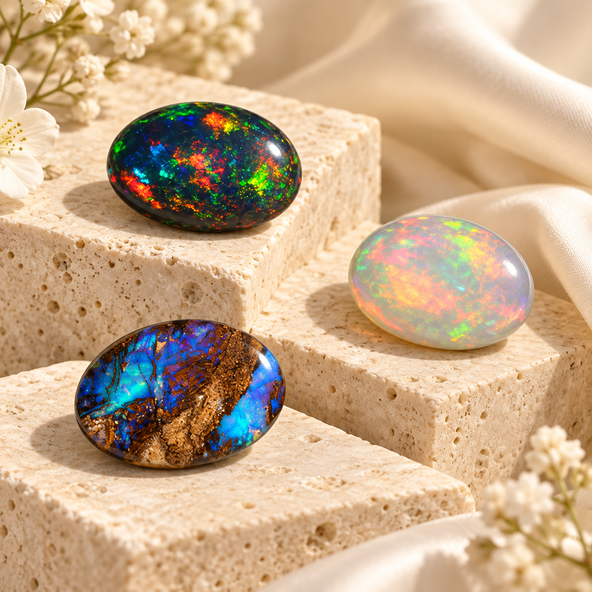 Natural opal gemstones including black, white and boulder opal displayed on cream stone with soft floral accents.