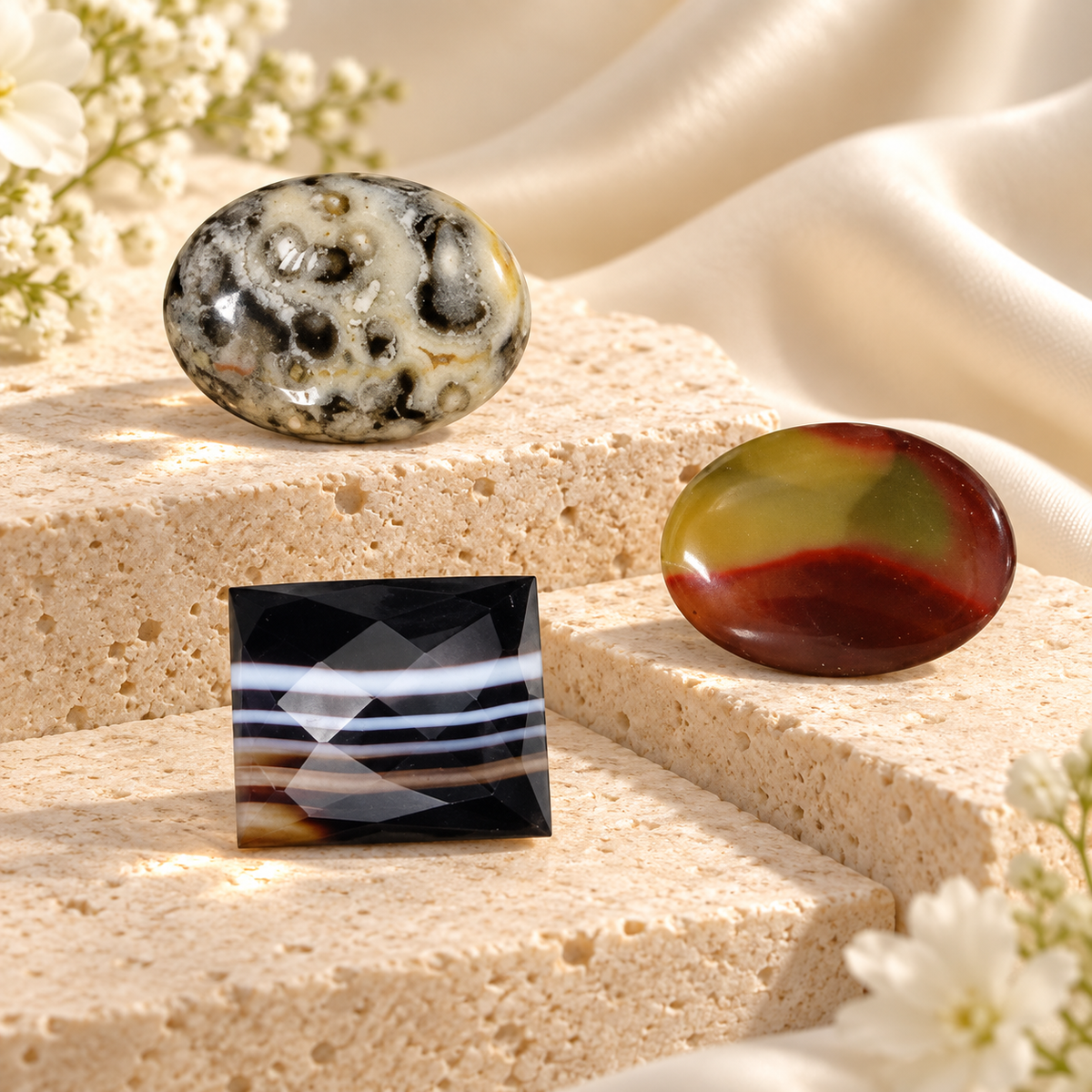 Natural zircon gemstones in red, blue and pink tones displayed on cream stone with soft floral accents.