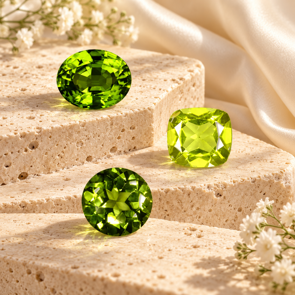 Natural peridot gemstones in vivid green tones with oval, cushion and round cuts displayed on cream stone with soft floral accents.