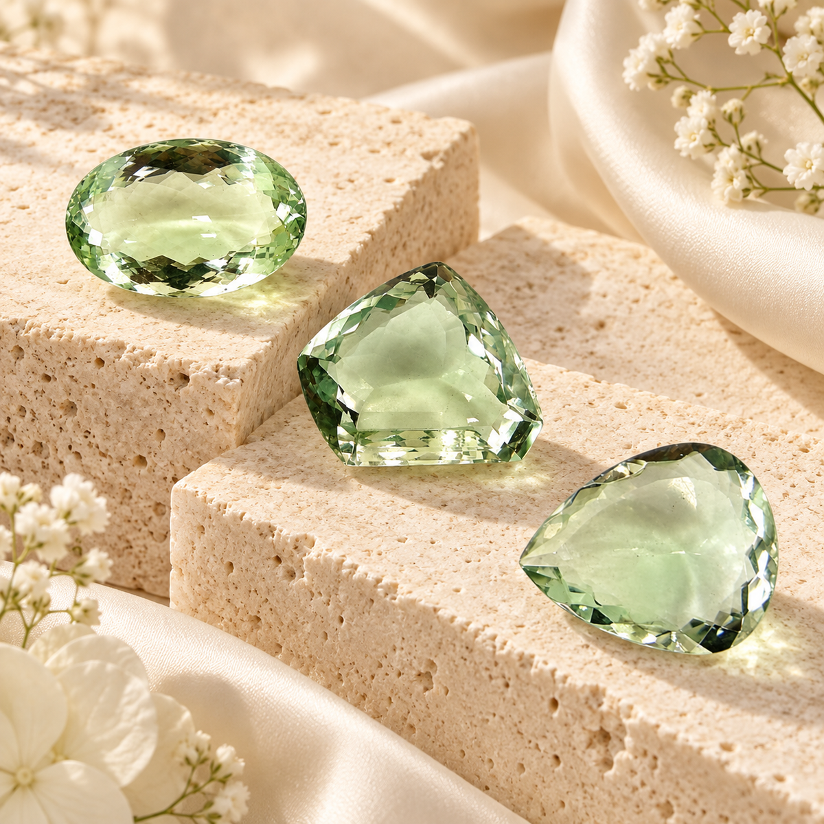 Natural prasiolite gemstones in pale green oval and trillion cuts displayed on cream stone with soft floral accents.