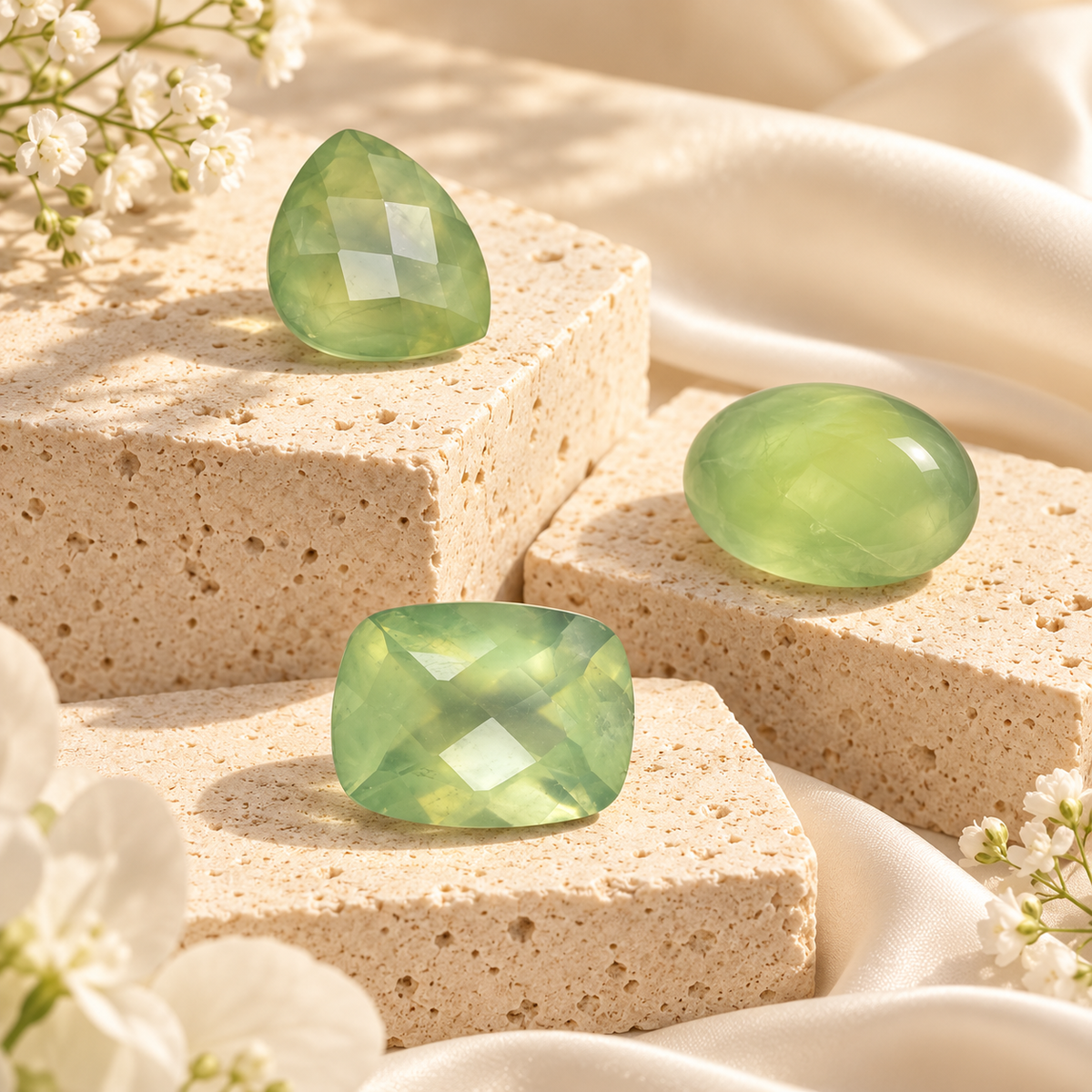 Natural prehnite gemstones in pale green tones displayed on cream stone with soft floral accents.