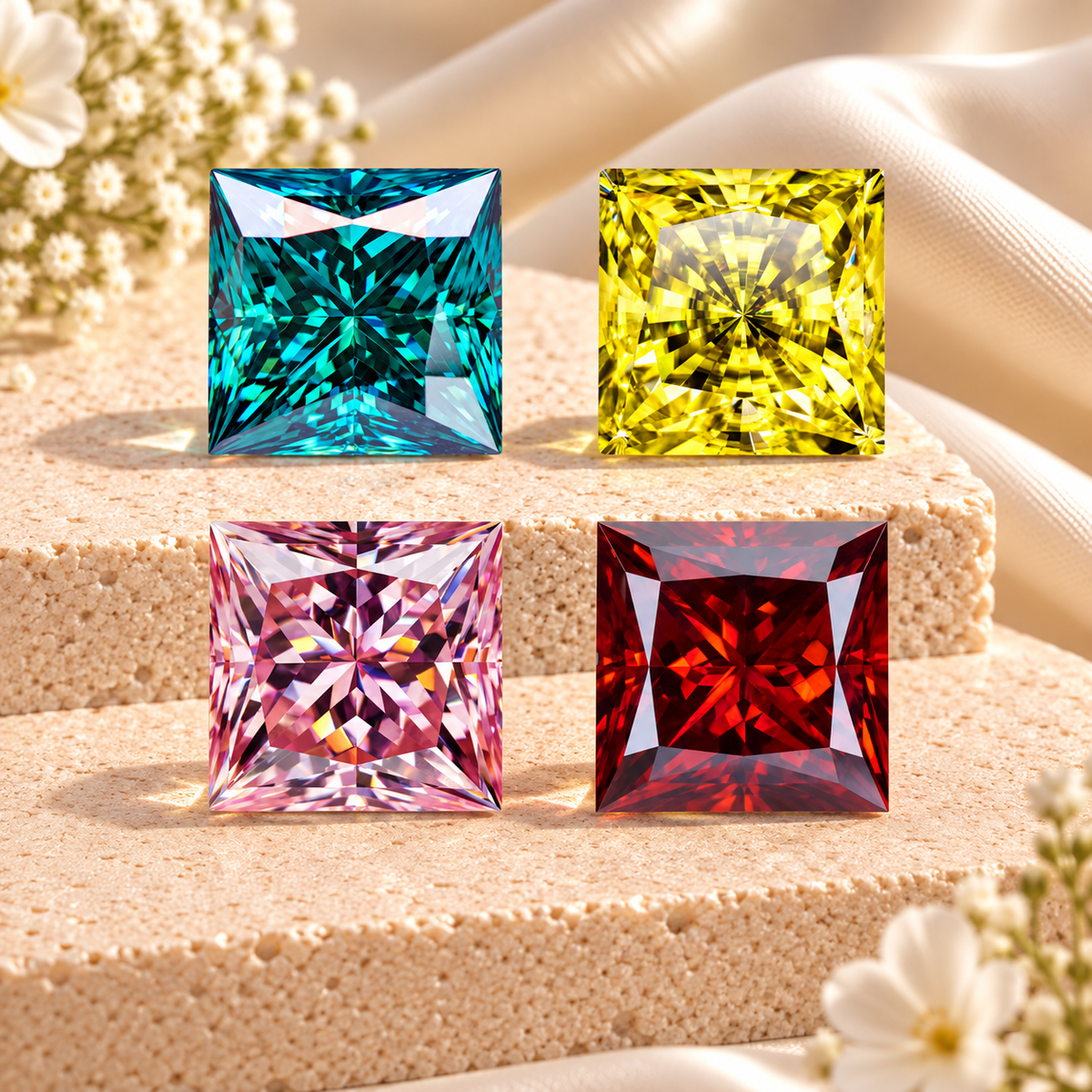 Princess cut coloured moissanite gemstones in teal, yellow, pink and red displayed on cream stone with soft floral accents.
