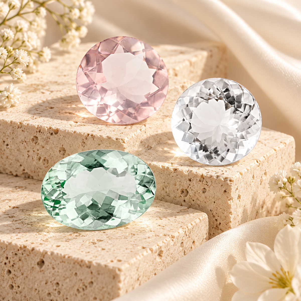 Natural quartz gemstones in clear, soft pink and pale green tones displayed on cream stone with soft floral accents.