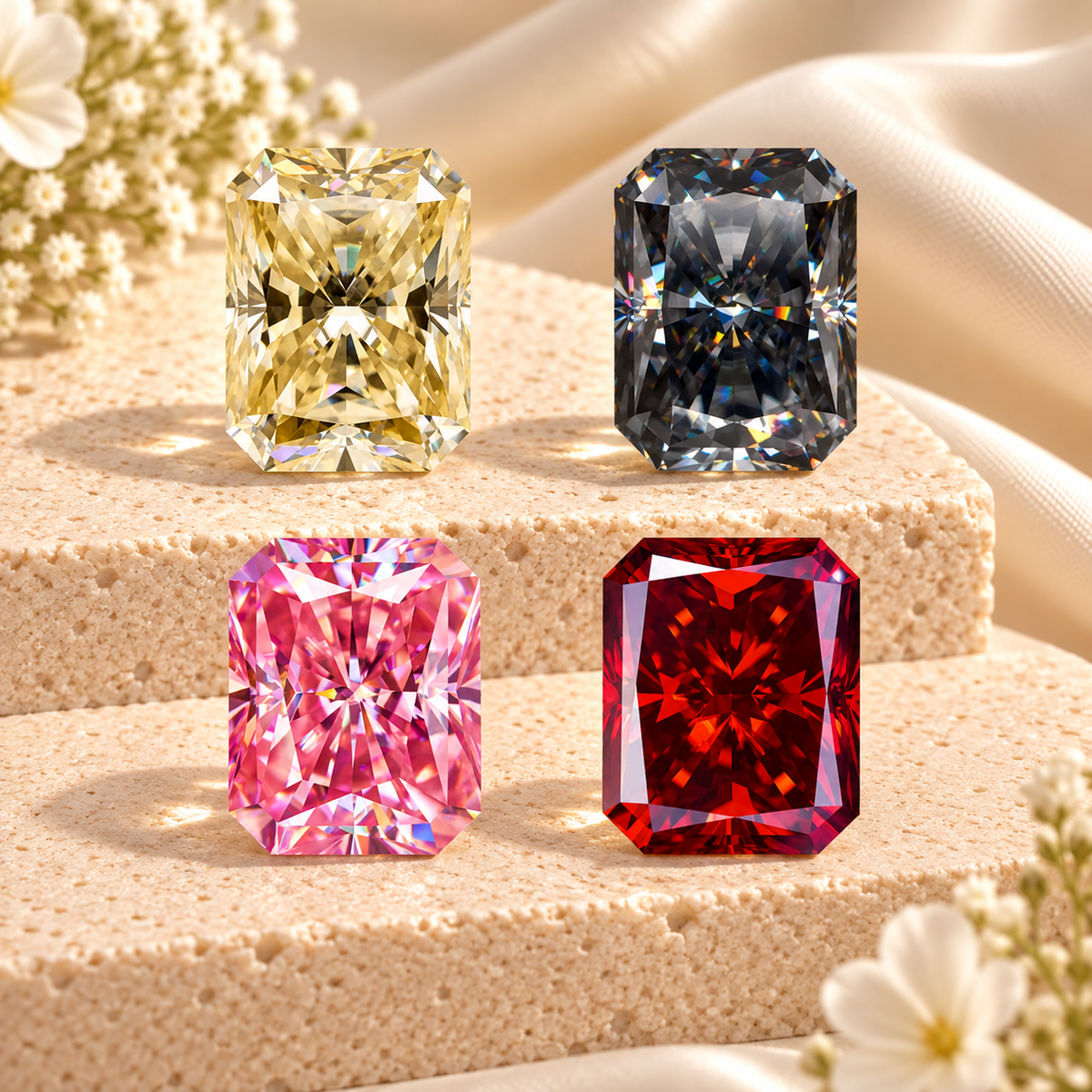 Radiant cut coloured moissanite gemstones in yellow, black, pink and red displayed on cream stone with soft floral accents.