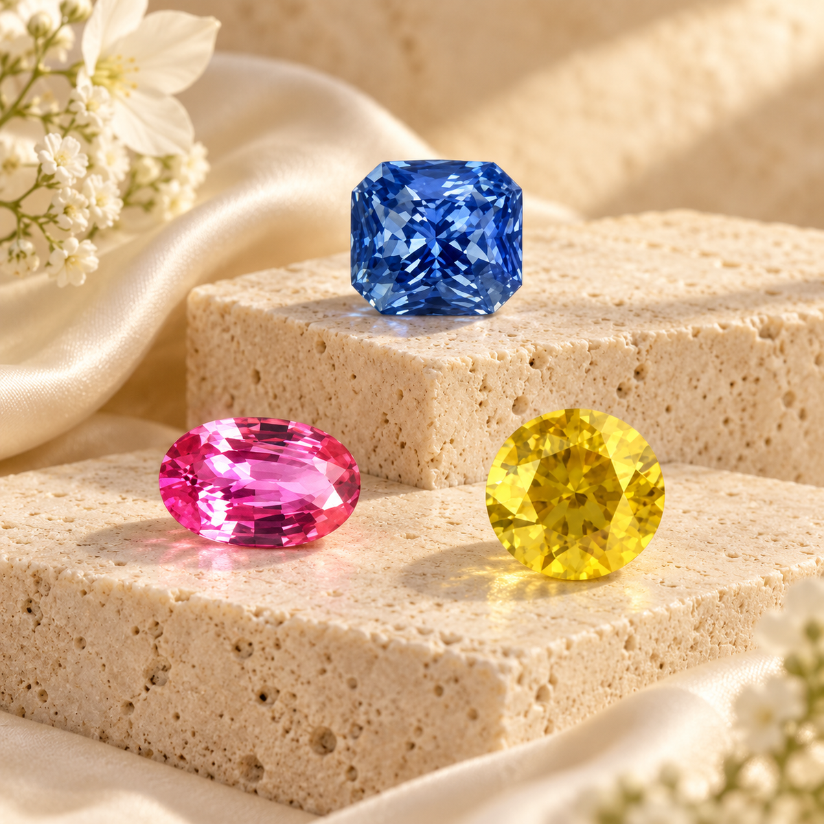 Natural sapphire gemstones in blue, pink and yellow tones displayed on cream stone with soft floral accents.