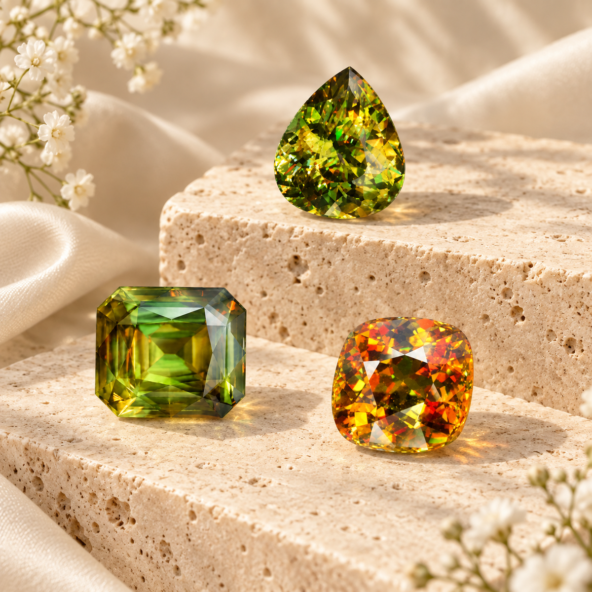Natural sphene titanite gemstones in pear, cushion and octagonal cuts with green, gold and orange fire displayed on cream stone.