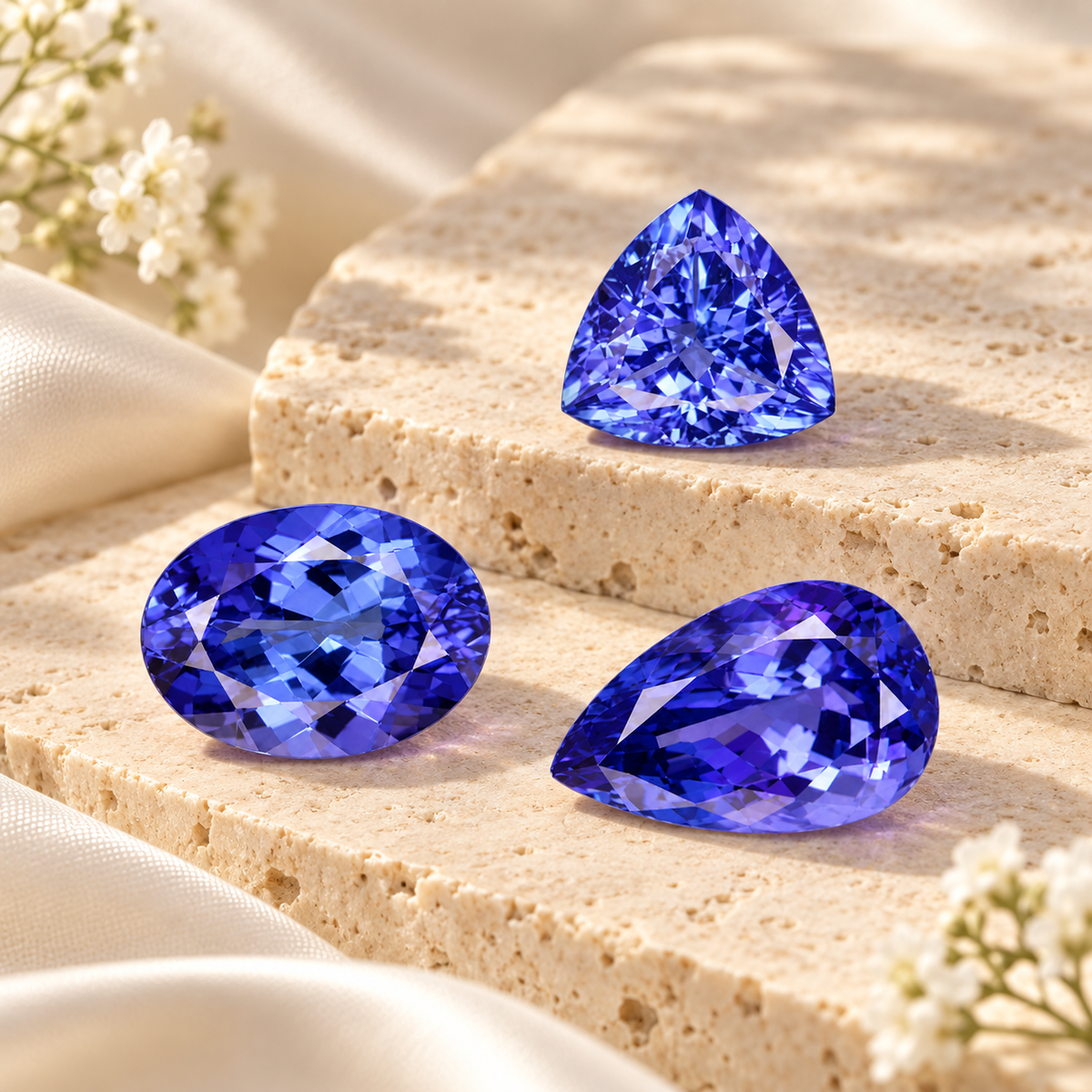 Natural tanzanite gemstones in trillion, oval and pear cuts displayed on cream stone with soft floral accents.