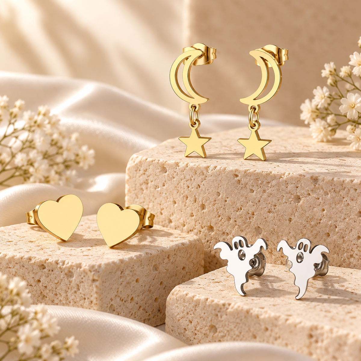 Gold and silver titanium earrings featuring heart studs, ghost studs and moon star drop earrings displayed on cream stone.