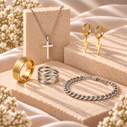 Gold and silver tone titanium jewellery including a necklace, earrings, rings and bracelet displayed on cream stone.