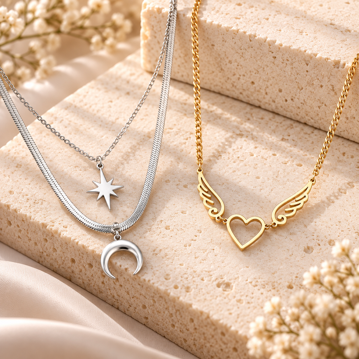Gold and silver titanium necklaces featuring a winged heart pendant and layered moon and star pendants displayed on cream stone.