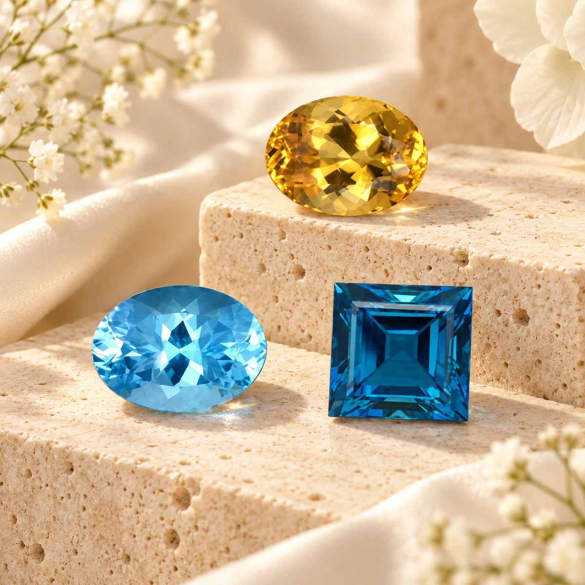 Natural topaz gemstones in light blue, deep blue and golden tones with oval and square cuts displayed on cream stone.