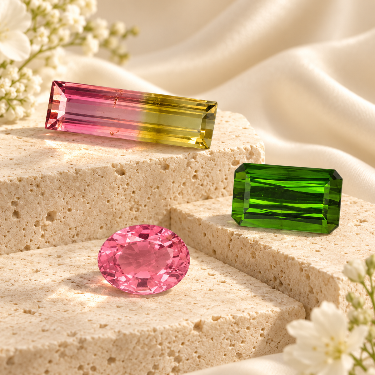 Natural tourmaline gemstones in pink, green and bi-colour watermelon tones displayed on cream stone with soft floral accents.