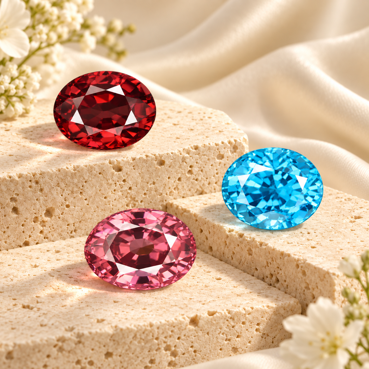 Natural zircon gemstones in red, blue and pink tones displayed on cream stone with soft floral accents.
