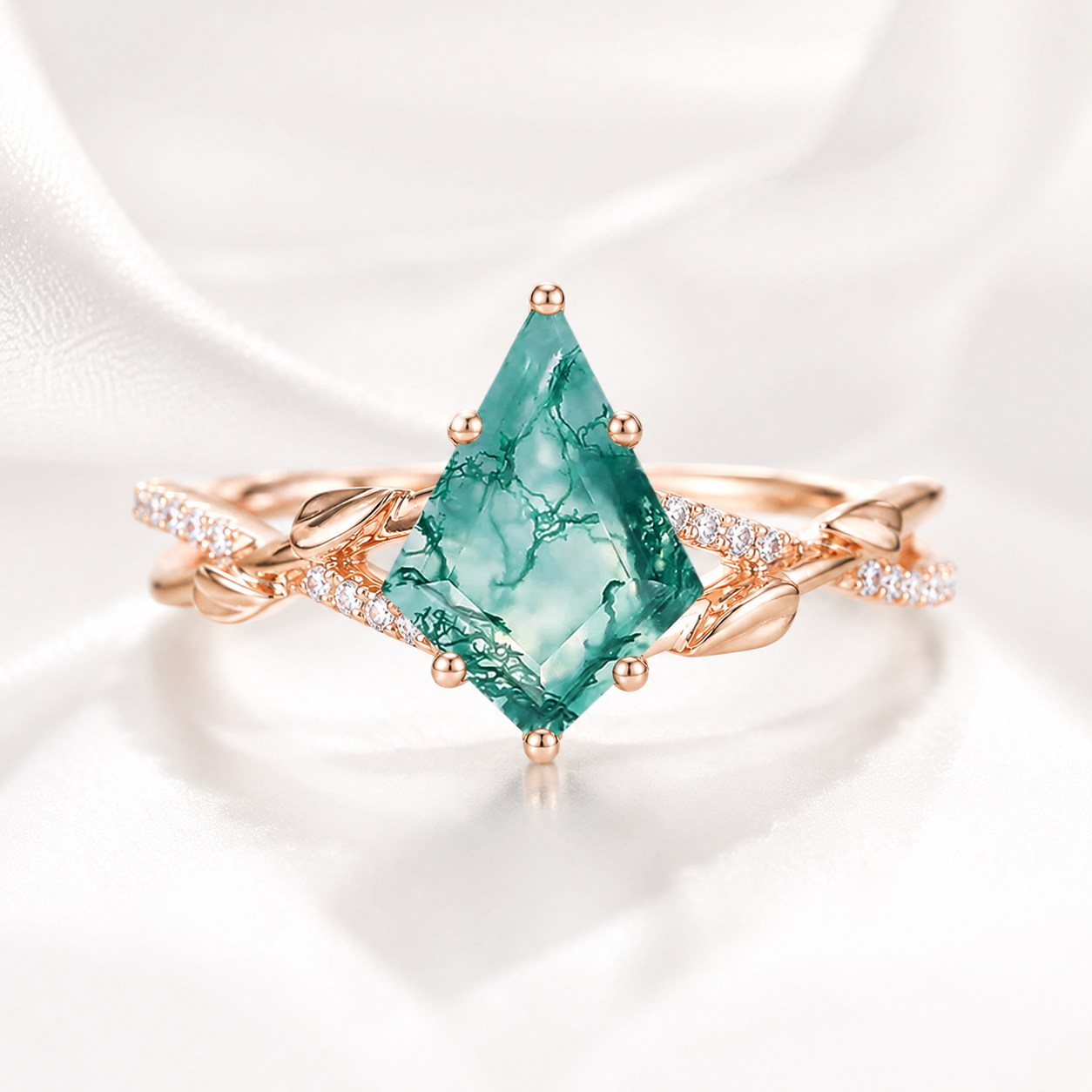 Natural Moss Agate Ring – Kite Cut Nature Inspired Boho Engagement Ring