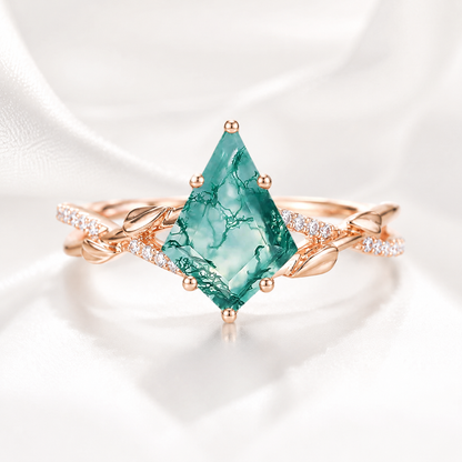 Natural Moss Agate Ring – Kite Cut Nature Inspired Boho Engagement Ring