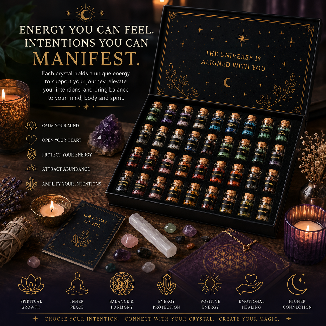 30 Bottle Crystal Healing Set with Flower of Life Grid & Selenite Wand