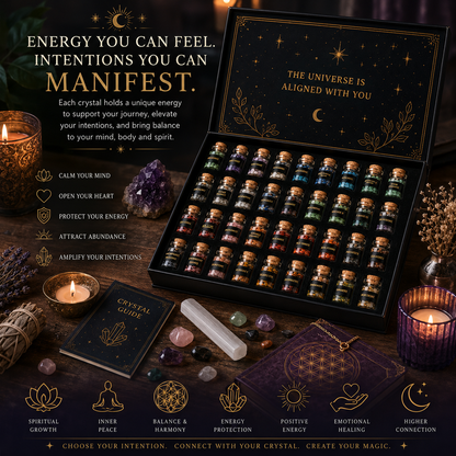 30 Bottle Crystal Healing Set with Flower of Life Grid & Selenite Wand