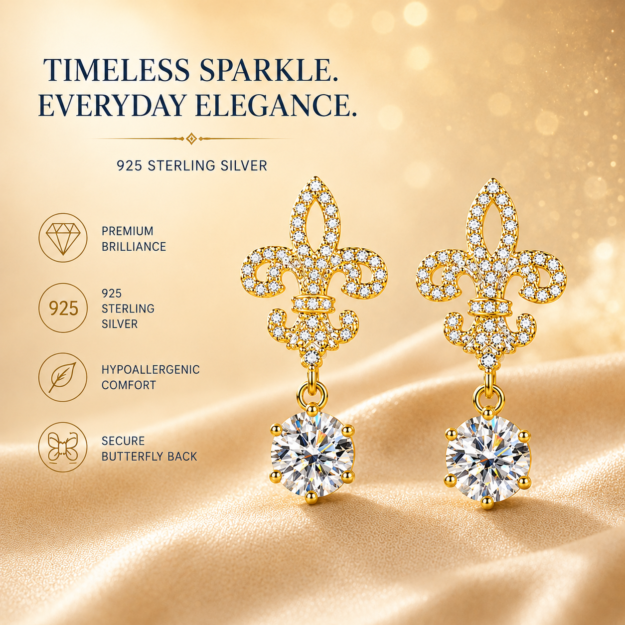 Fleur de Lis Moissanite Drop Earrings – 2.0ct Round Brilliant Dangle Earrings