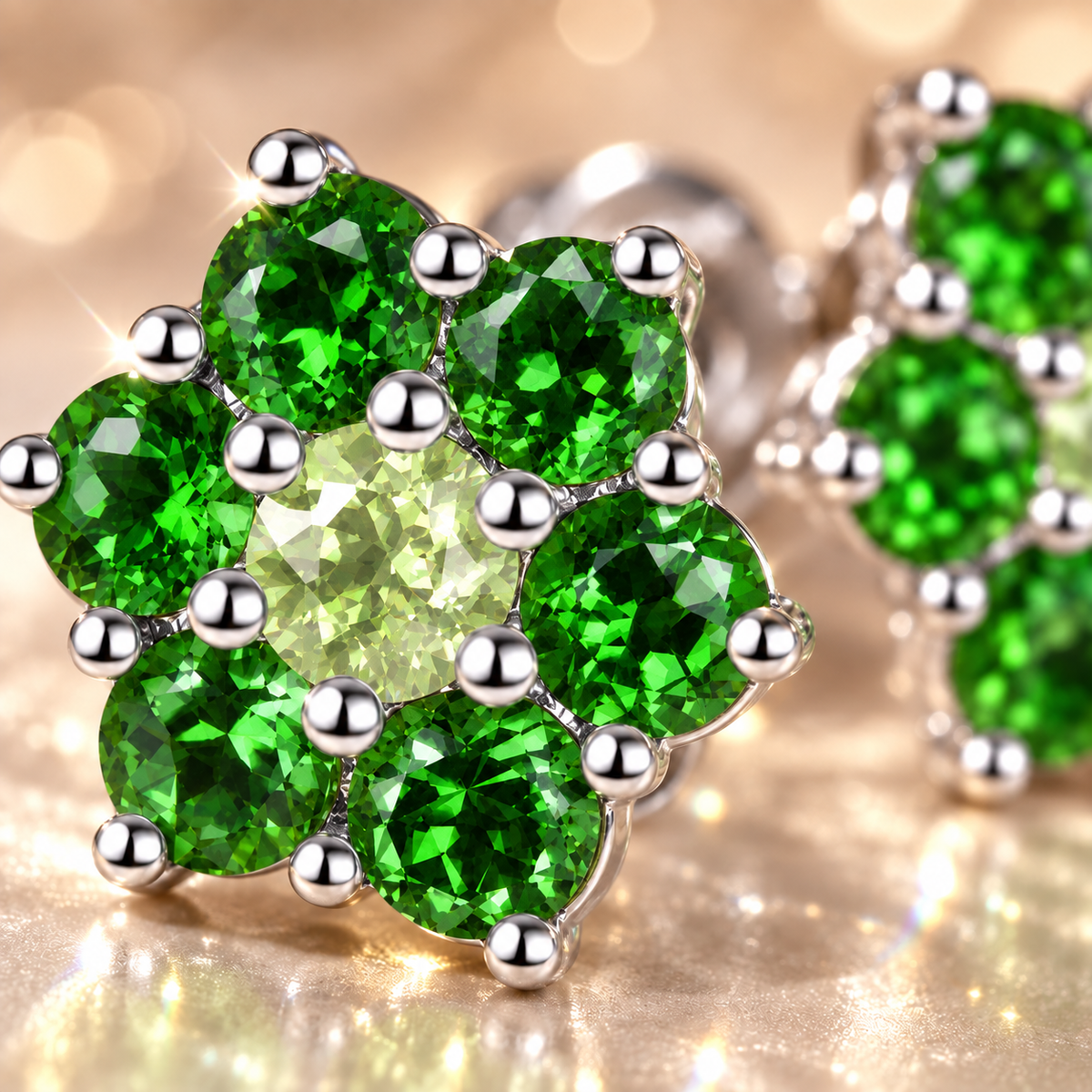 Natural Peridot & Chrome Diopside Floral Cluster Stud Earrings