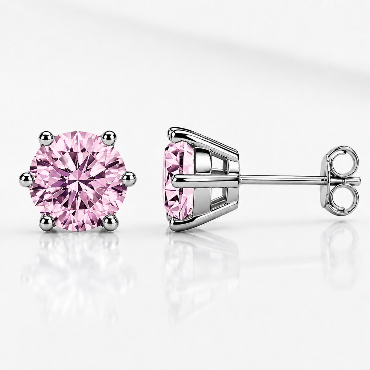 White gold six-prong green moissanite stud earrings shown front and side on a white background