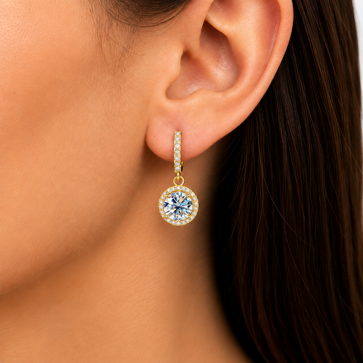 Halo Moissanite Hoop Drop Earrings – 1.0ct Round Brilliant Earrings