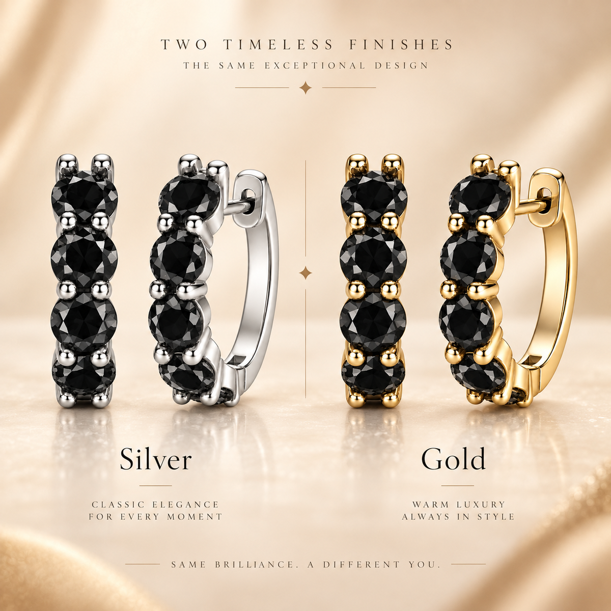 Silver and gold five-stone hoop earrings with black moissanite shown in a finish comparison graphic